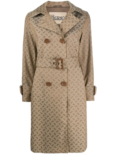 Herno Logo-jacquard Trench Coat In Brown