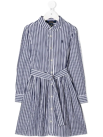 Polo Ralph Lauren Kids' Striped Belted Shirt Dress In Fall Royal/white