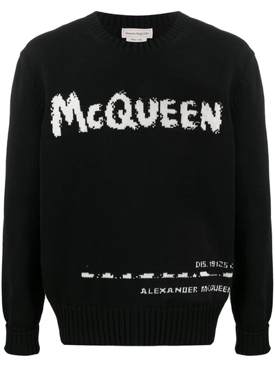 Alexander Mcqueen Man Black Mcqueen Graffiti Crew Neck Pullover