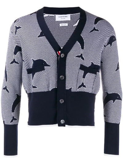 Thom Browne Dolphin Half Drop V-neck Cardigan In Blue