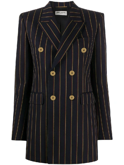 Saint Laurent Double-breasted Pinstriped Wool-twill Blazer In Blue,yellow,red