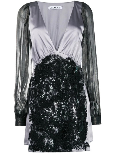 Almaz V-neck Appliqué Lace Silk Dress In Grey