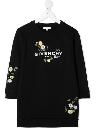 Givenchy Kids' 花卉刺绣套头连衣裙 In Nero