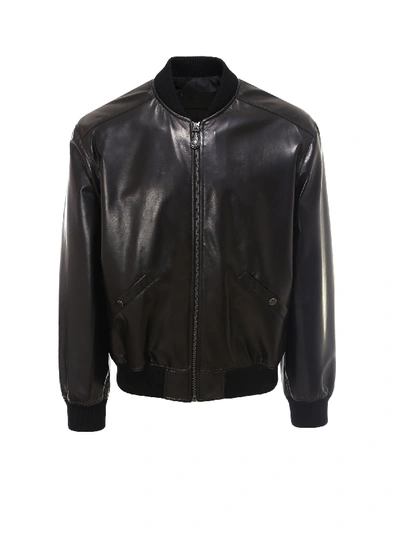 Prada Logo Debossed Leather Bomber Jacket In Black