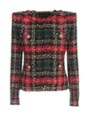 BALMAIN COLLARLESS TARTAN TWEED JACKET,11434111