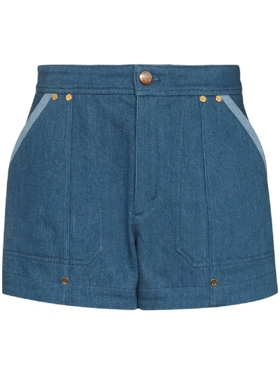 Chloé Embellished Two-tone Denim Shorts In Blue