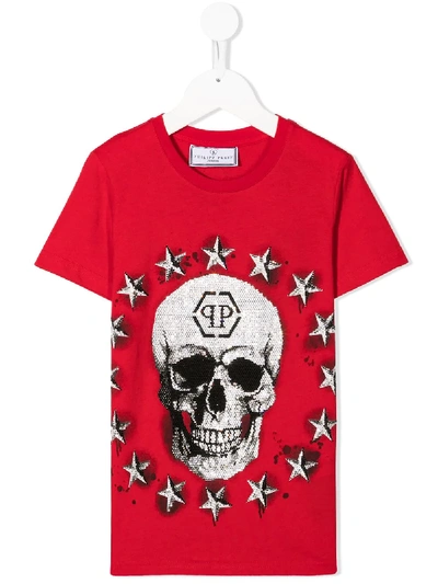 Philipp Plein Junior Kids' Stars And Skull T-shirt In Red