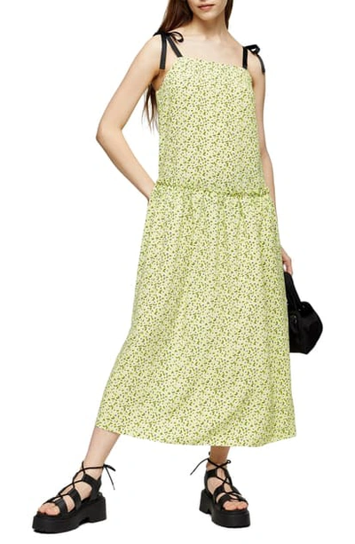 Topshop Dropped Waist Midi Dress In Lime-green