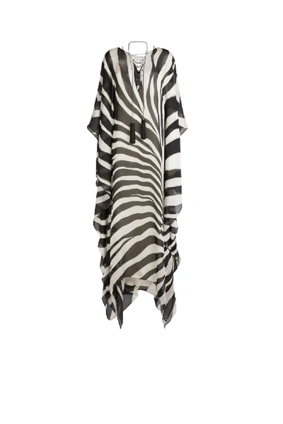 Roberto Cavalli Zebra Print Sheer Silk Maxi Caftan In Black,white