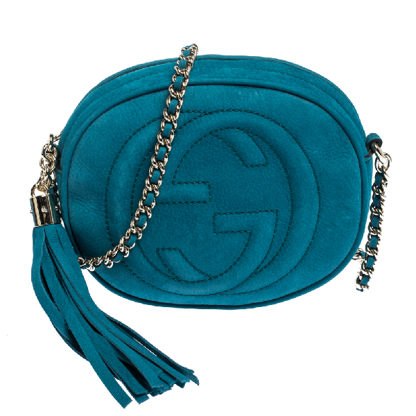 Pre-Owned Gucci Turquoise Leather Mini Soho Disco Chain Crossbody Bag In Blue | ModeSens