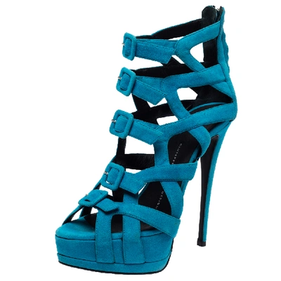 Pre-owned Giuseppe Zanotti Blue Suede Buckle Detail Platform Cage Sandals Size 38.5