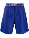 Versace Logo Embroidered Swim Shorts In Blue