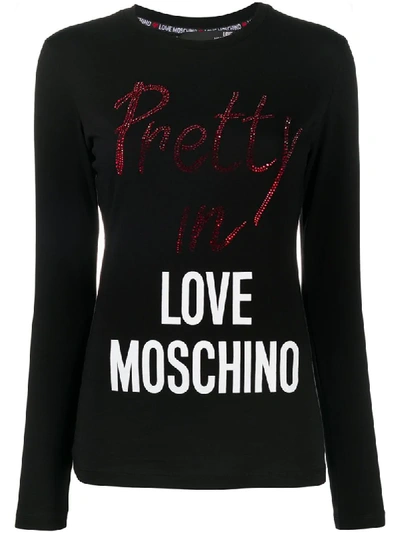 Love Moschino Rhinestone-embellished 3/4 Sleeves T-shirt In Black