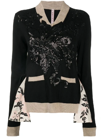 Antonio Marras Silk Inserts Sweater V Neck W/flowers Paillettes In Black