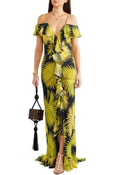 De La Vali Ruffle-trimmed Printed Silk-chiffon Gown In Yellow