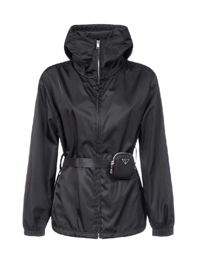 Prada Pouch-belt Re-nylon Hooded Jacket In Nero