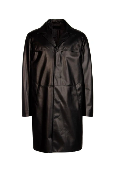 Prada Single-breasted Leather Coat In Nero