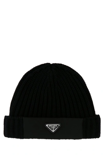 Prada Logo Knitted Beanie In Black