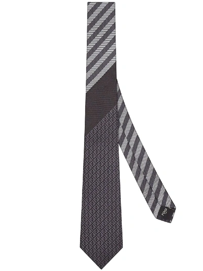 Fendi Stripe Ff Motif Silk Tie In Grey