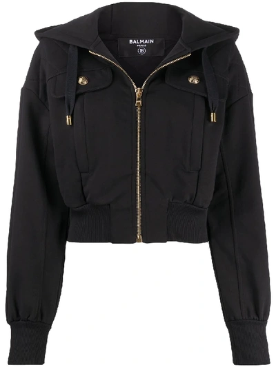 Balmain Quilted-detail Zip-up Hoodie In Black