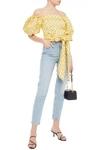 SHRIMPS VITA OFF-THE-SHOULDER BOW-DETAILED POLKA-DOT LINEN AND SILK-BLEND FAILLE TOP,3074457345622906243