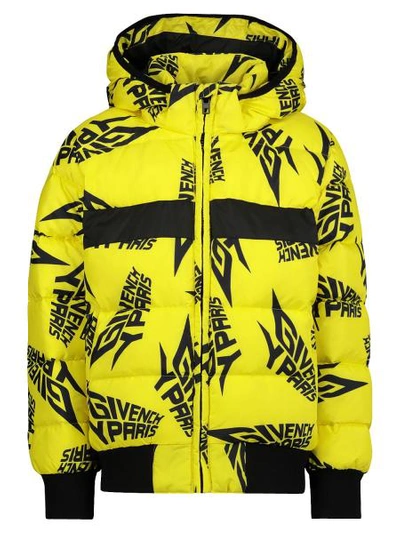 Givenchy Kids' All Over Logo Print Nylon Down Jacket In Yellow