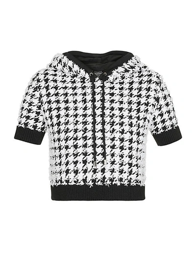 Balmain Houndstooth Crop Top Hoodie In Black