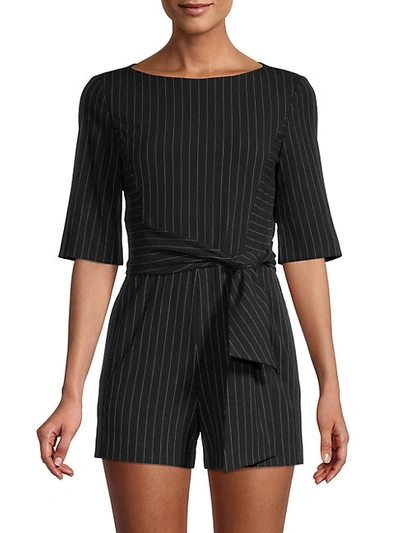 Alice And Olivia Virgil Pinstriped Romper In Black Cream