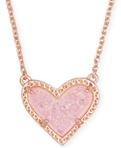 Kendra Scott 14k Gold Plated And Genuine Stone  Ari Heart Pendant Necklace In Rose Gold/pink Drusy