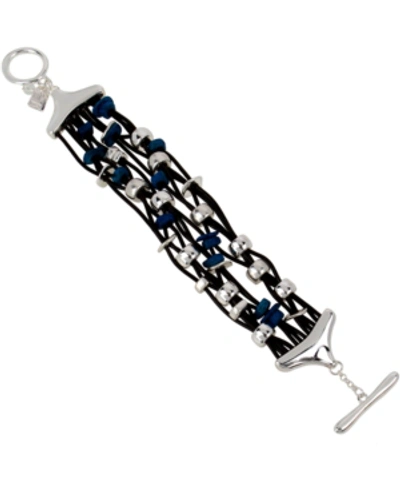 Robert Lee Morris Soho Silver-tone & Blue Patina Beaded Leather Flex Bracelet