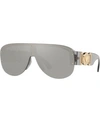 Versace Men's Semi-rimless Acetate Shield Sunglasses In Transparent Grey/light Grey Mirror Silver