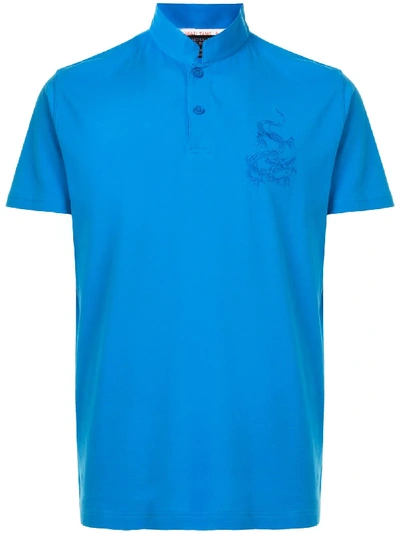 Shanghai Tang Dragon Embroidered Upturned Collar Polo Shirt In Blue