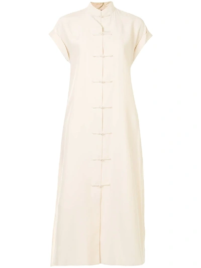 Shanghai Tang Roll Sleeve Loop Detail Dress In White