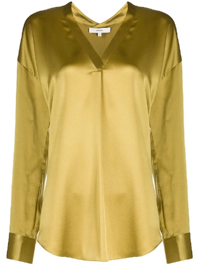 Vince V-neck Silk Blouse In Yellow