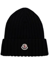 Moncler Black Wool Rib Knit Logo Beanie