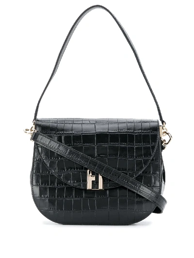Furla Crocodile-effect Sleek Shoulder Bag In Black