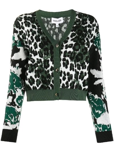 Kenzo Mix-pattern Intarsia Knit Cardigan In Green