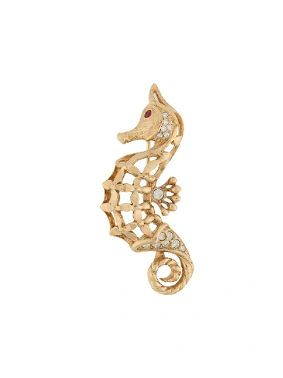 Pre-owned Susan Caplan Vintage 1960s Embellished Seahorse Brooch In Gold