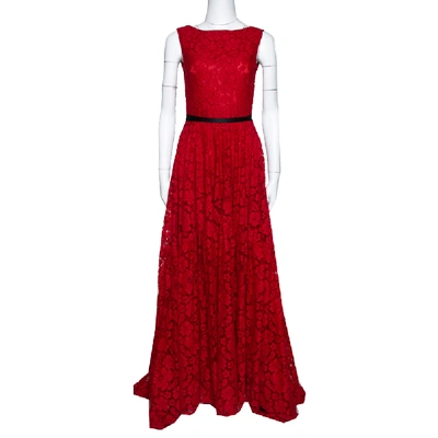 Pre-owned Ch Carolina Herrera Red Lace Bow Detail Sleeveless Gown S
