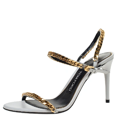 Pre-owned Tom Ford White Leather Chain Embellished Slingback Sandals Size 37