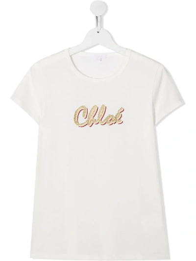 Chloé Kids' Glitter Logo Print T-shirt In White
