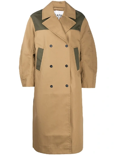 Ganni Colour-block Oversized Trench Coat In Beige,green,khaki