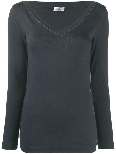 Brunello Cucinelli V-neck Long-sleeved Top In Blue