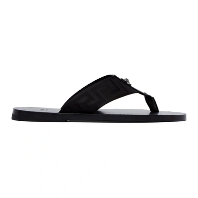 Versace Black Greca Flip Flop Sandals In Black Gold