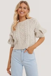 NA-KD REBORN PUFF SLEEVE CABLE KNITTED SWEATER - BEIGE
