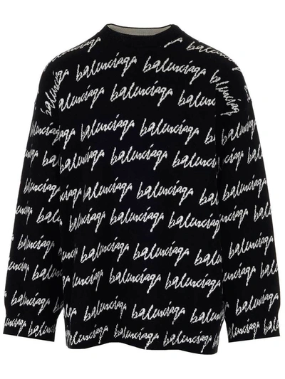 Balenciaga Scribble Logo Jacquard Wool Blend Sweater In Black