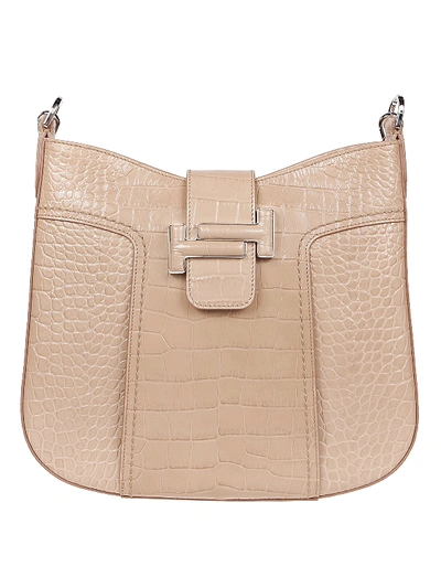 Tod's Double T Croco Print Leather Hobo Bag In Beige