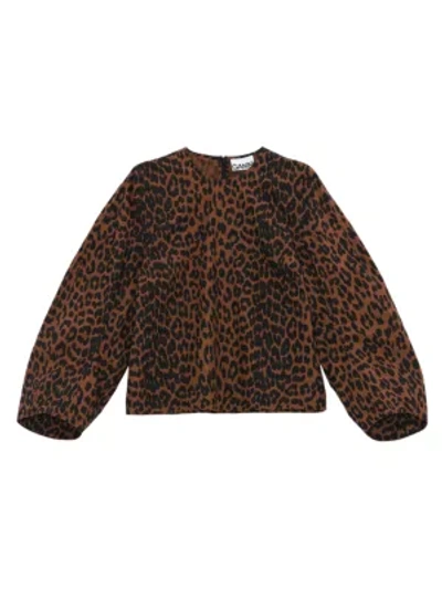 Ganni Leopard Cotton Blouse In Toffee