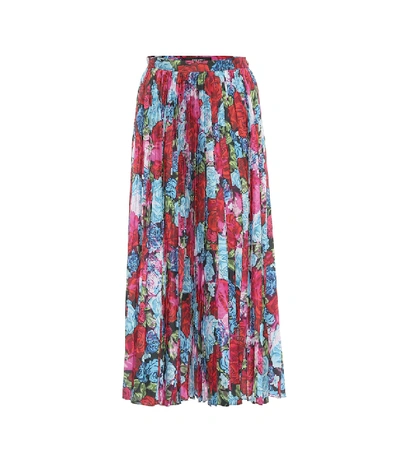 Versace Pleated Floral Print Midi Skirt In Red/ Baby Blue/ Fuchsia