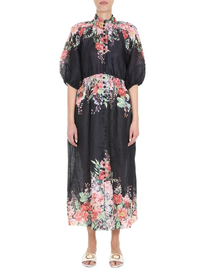 Zimmermann Bellitude Shirred Floral-print Linen Midi Dress In Multicoloured